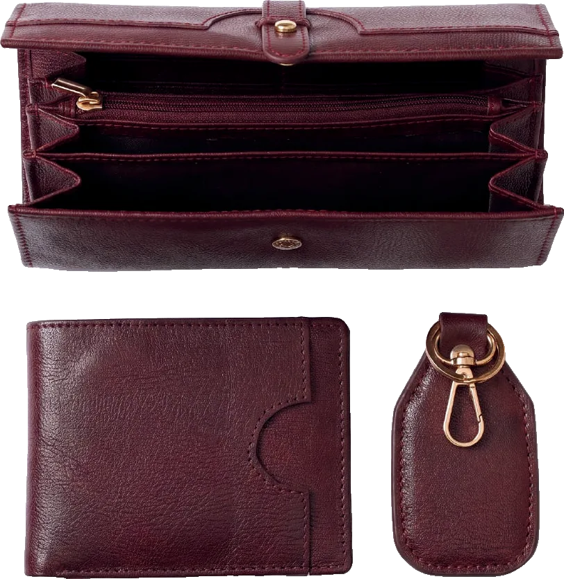 Brown leather gift set with wallet, key chain and card holder in a box