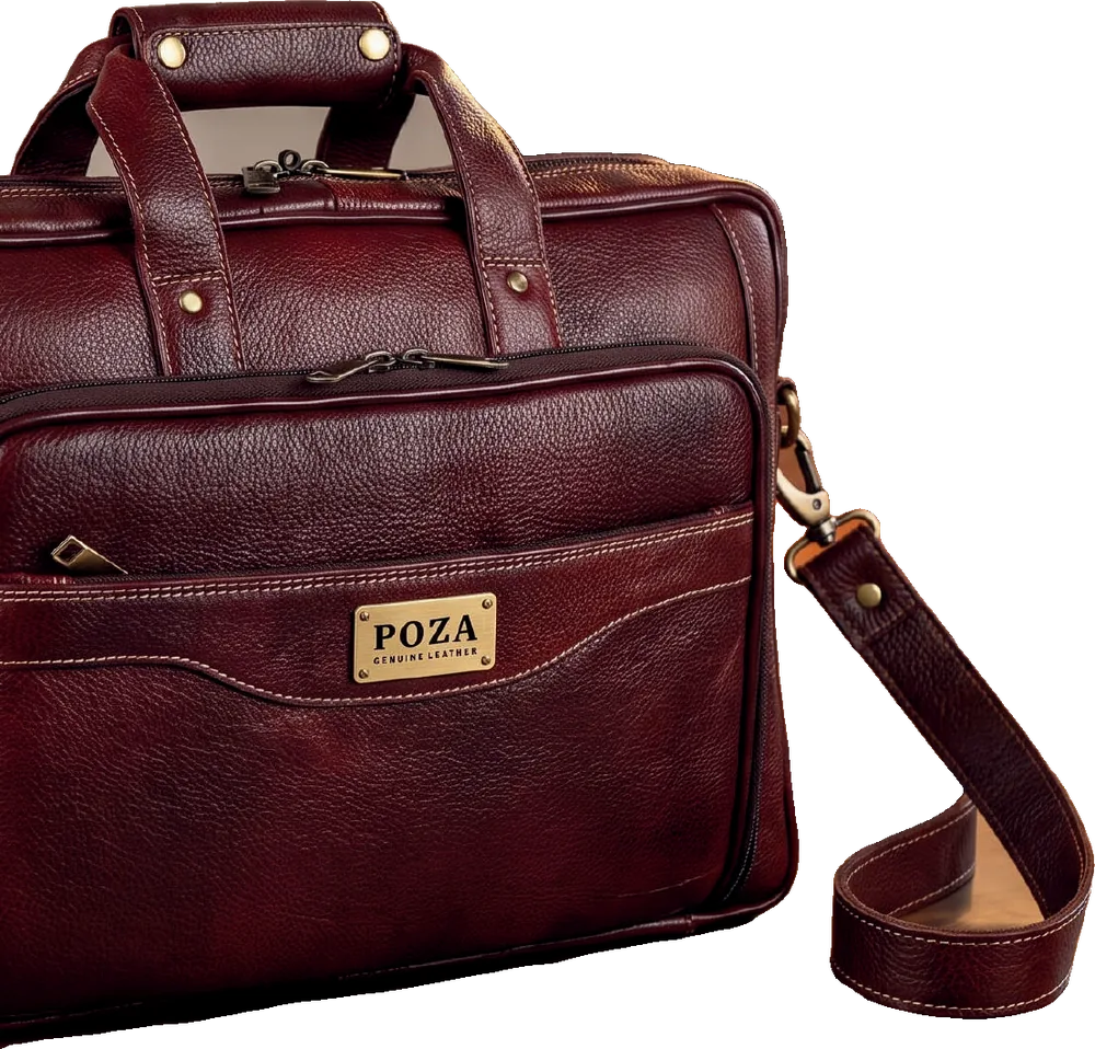 Burgundy leather laptop briefcase with POZA plate