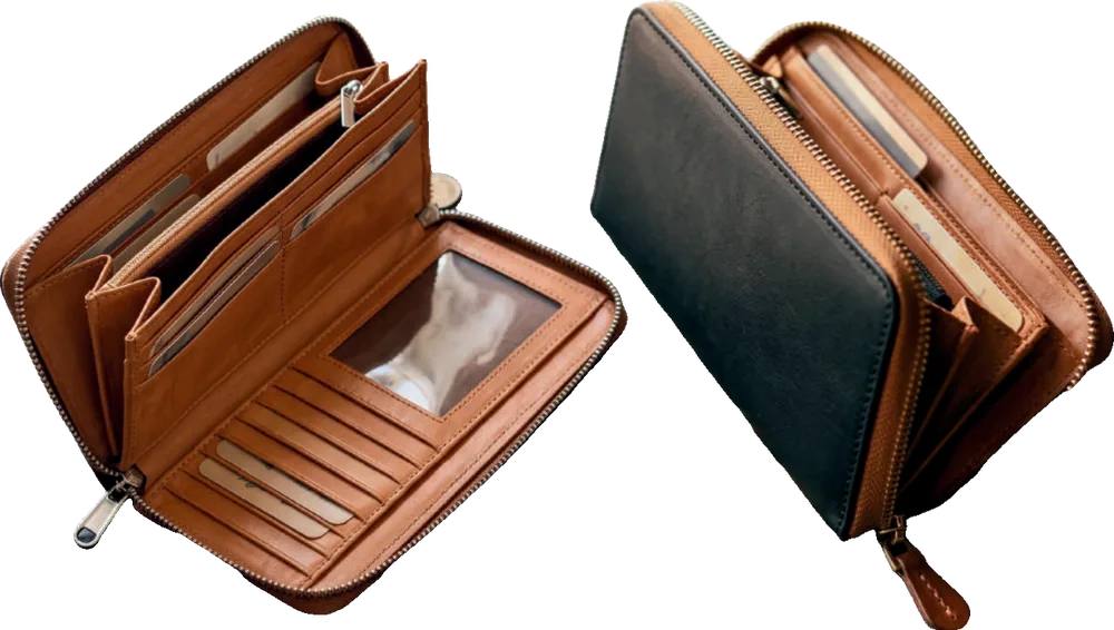 Tan and green zip-around leather clutches