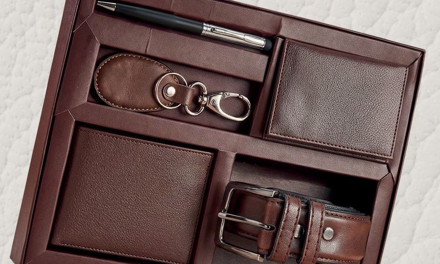 Brown leather gift box with wallet, belt, key chain and pen