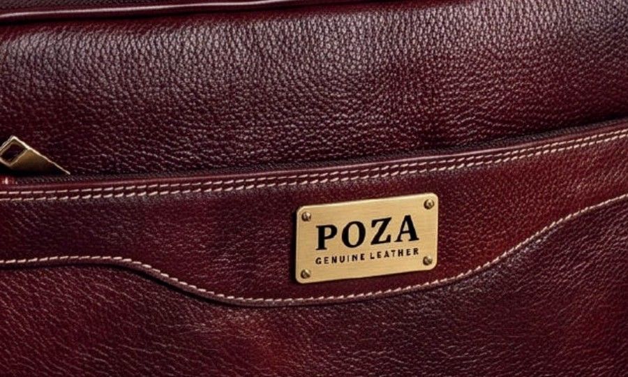 Brass POZA logo plate on a burgundy leather bag