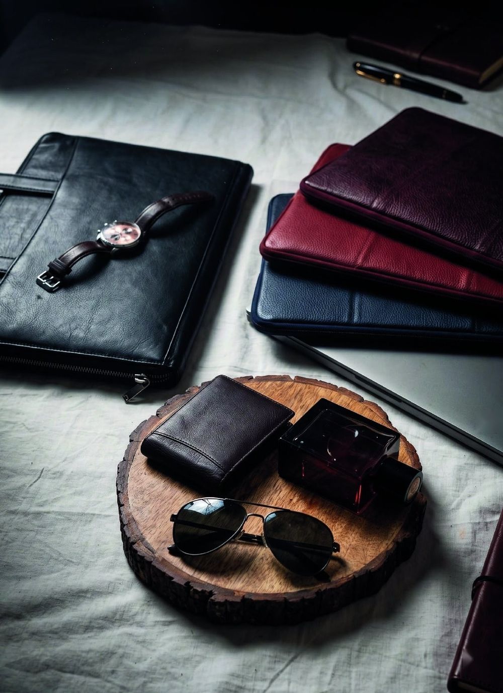 Black leather portfolio, burgundy folders and a wallet on a wooden tray