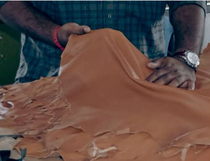 Craftsman inspecting a tan leather hide